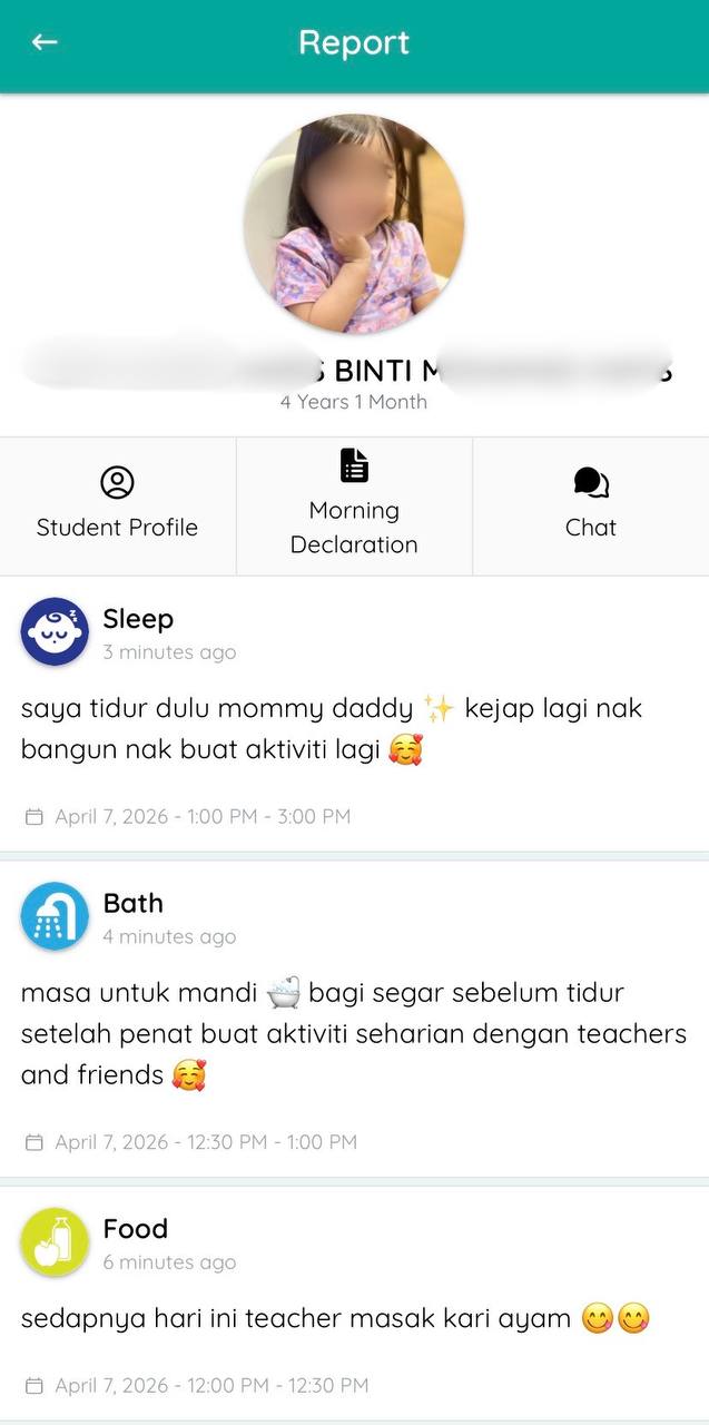 Daily report showing sleep, bath, and meal updates